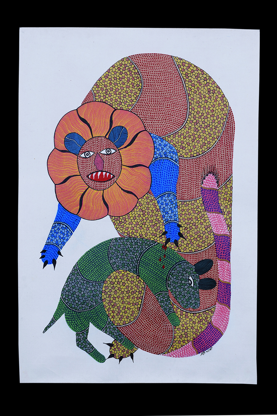 Lion and its Prey - Gond Painting